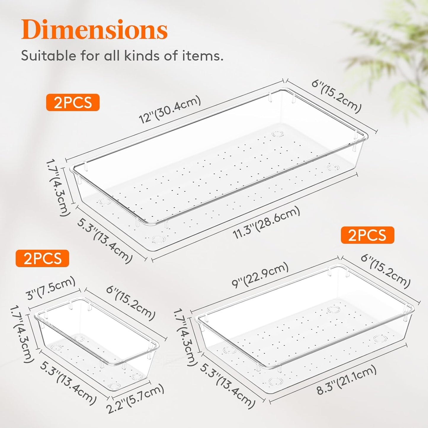 Lifewit 6 Pcs Large Bathroom Drawer Organizers, 3 Sizes Clear Plastic Storage Organizer Trays for Make Up, Kitchen Utensils, Vanity Accessories in Bathroom/Office/Dresser Organization