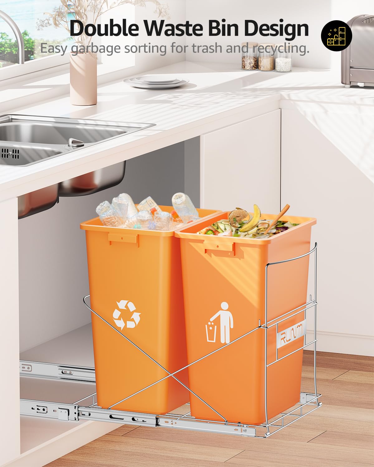 Double 37 Quart Pull Out Trash Can Under Cabinet, Under Sink Trash Rack, 70 Liter Total Capacity, Cabinet Trash Pull Out Kit, Trash Bin Not Included