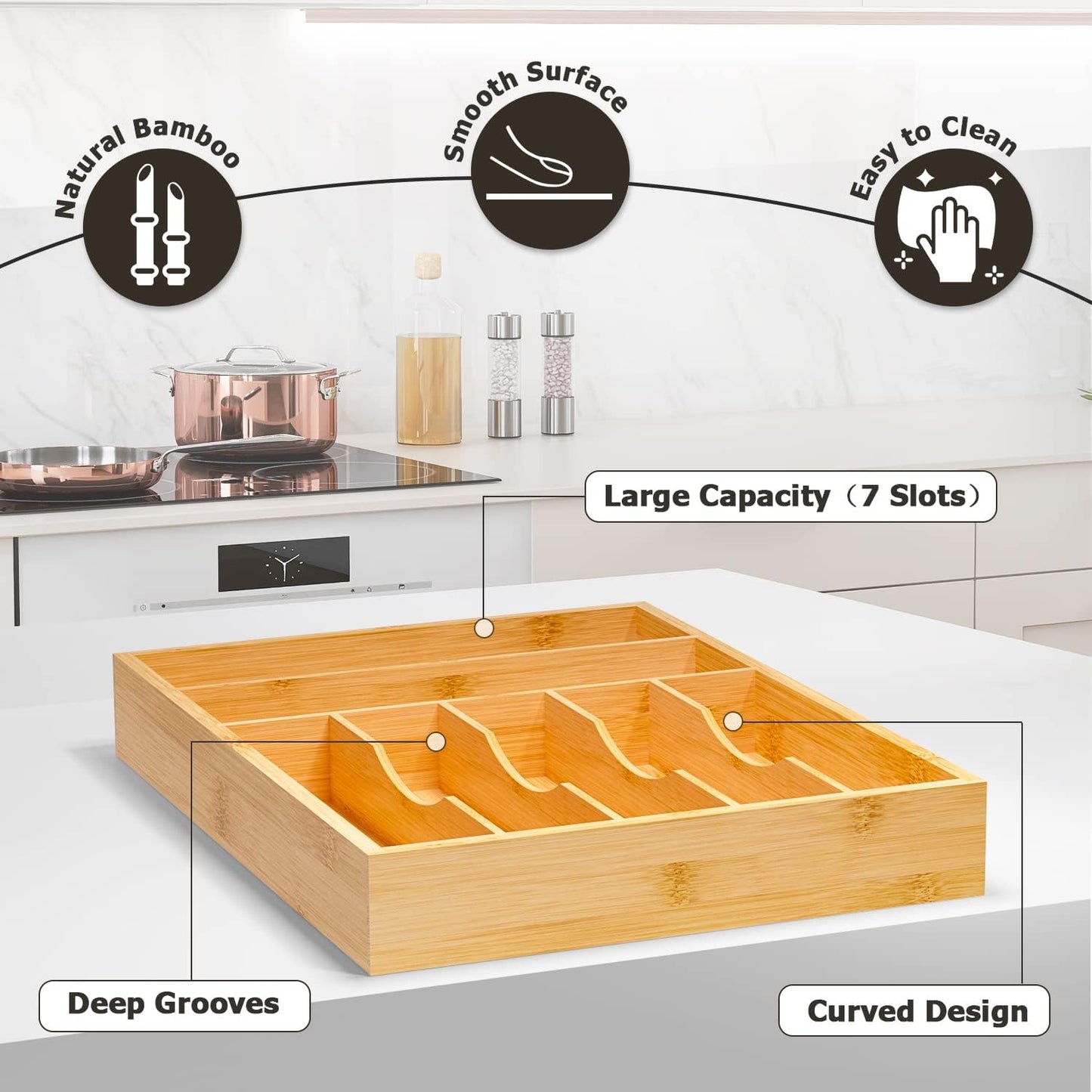 Flatware Organizer Silverware Drawer Organizer - 7 Slots Bamboo Cutlery Tray Multipurpose kitchen Drawer Organizer for Silverware, Utensils, Cutlery, Flatware, Knives W13”x L17” (Yellow)
