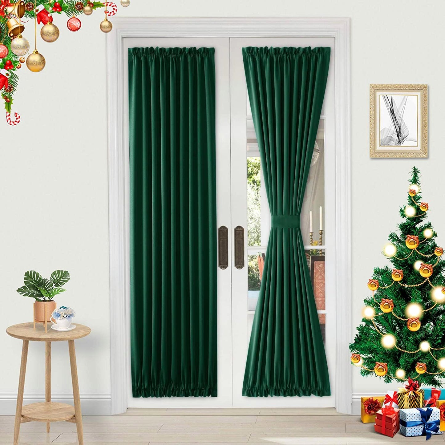 DWCN French Door Curtains – Rod Pocket Thermal Blackout Curtain for Doors with Glass Window, Kitchen and Patio Doors for Privacy, 25 X 72 Inches Long, 1 Curtain Panel with Tieback,Hunter Green