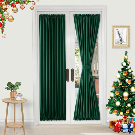 DWCN French Door Curtains – Rod Pocket Thermal Blackout Curtain for Doors with Glass Window, Kitchen and Patio Doors for Privacy, 36 X 72 Inches Long, 1 Curtain Panel with Tieback,Hunter Green