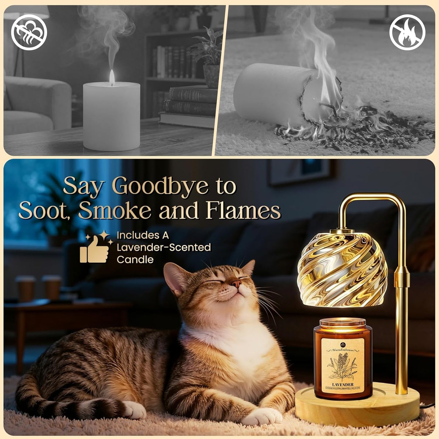 WarmEmbrace Candle Warmer Lamp with Lavender Candle Set, Electric Wax Warmer Lamp with Auto Timer & 4 Dimmable Lights, Adjustable Height for Jar Candles, Elegant Home Decor Gift for Women, Gold