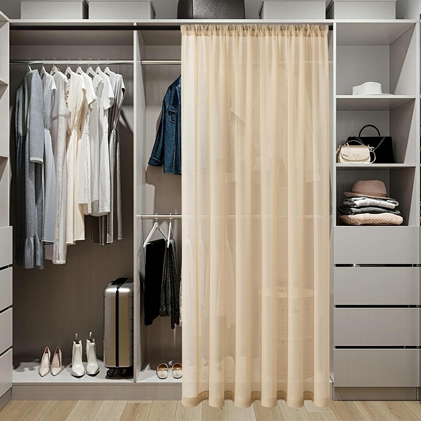 Tollpiz Sheer Door Curtains Closet Linen Textured Curtains Sheer Doorway Light Filtering Voile Rod French Door Pocket Curtain Patio Glass Door, 25 x 72 inches Long, Beige, Set of 1 Panel