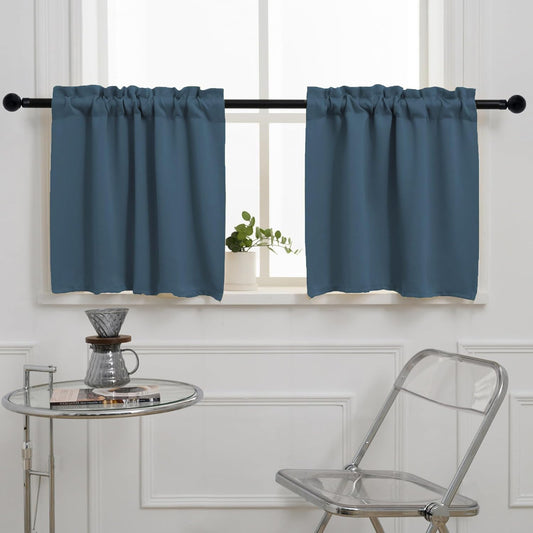 Pickluc Cafe Curtain (Half Window Curtain) 24 Inches Length, Rod Pocket Kitchen Curtain, Short Blackout Curtain for Small Window, 30" Wide and 30" Long, 2 Panels, Stone Blue