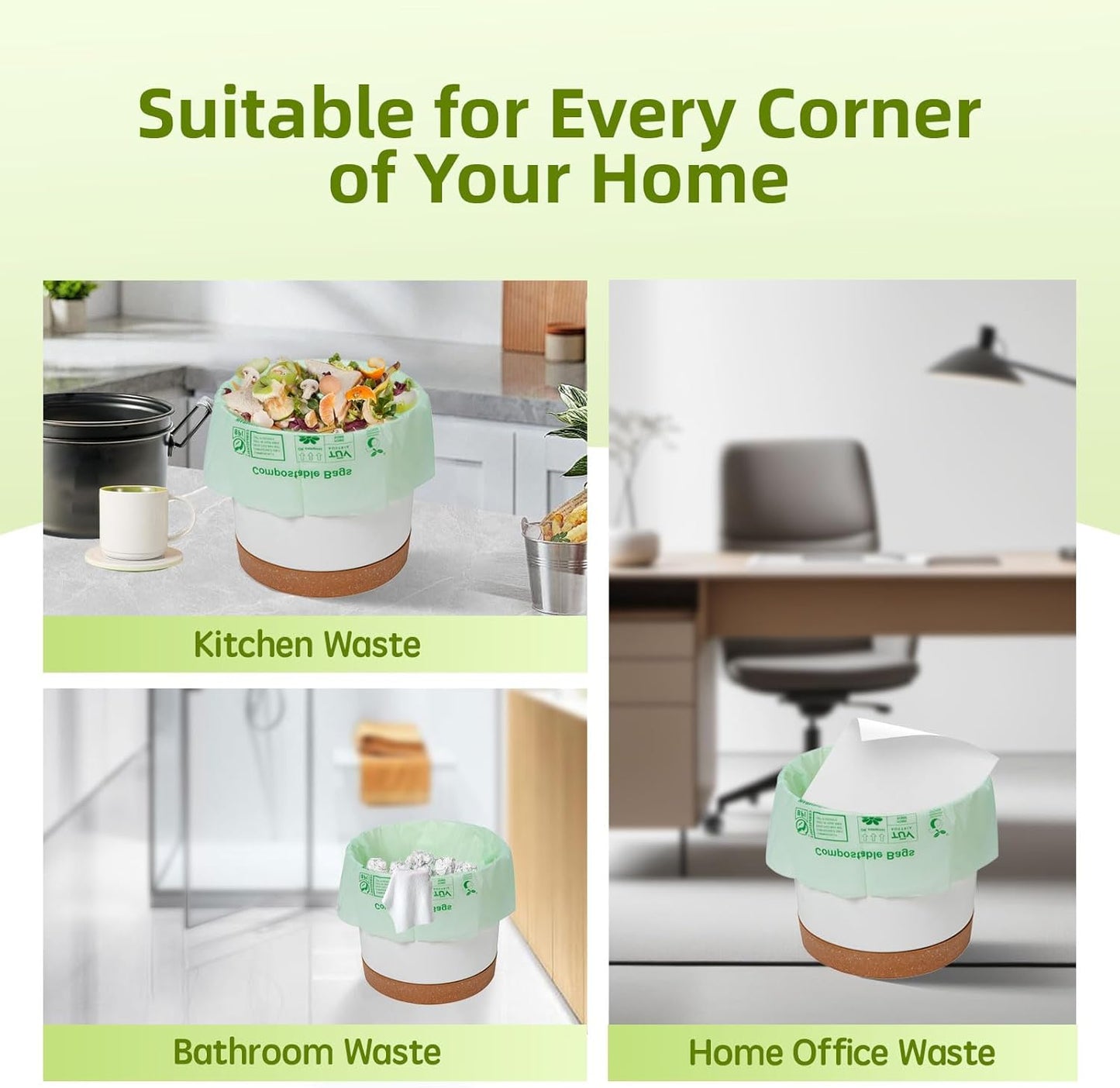 Compostable Trash Bags, Small Compost Bags 3 Gallon, Extra Thick 0.8 Mils, 16.9" x 17.7", 50 Count, Compostable Food Scrap Bags for Kitchen Waste, Green Bin Liners for Garbage Disposal