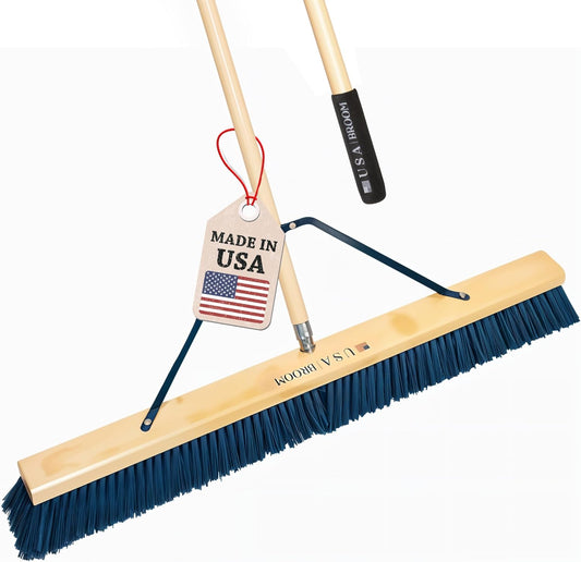 36" Heavy Duty Outdoor Push Broom with 60" Handle. Ideal for Ashpalt, Concrete & Heavy Debris. Durable American Made Steel Brackets-Stainless Steel Hardware. No Plastic. 100% Made in The USA.