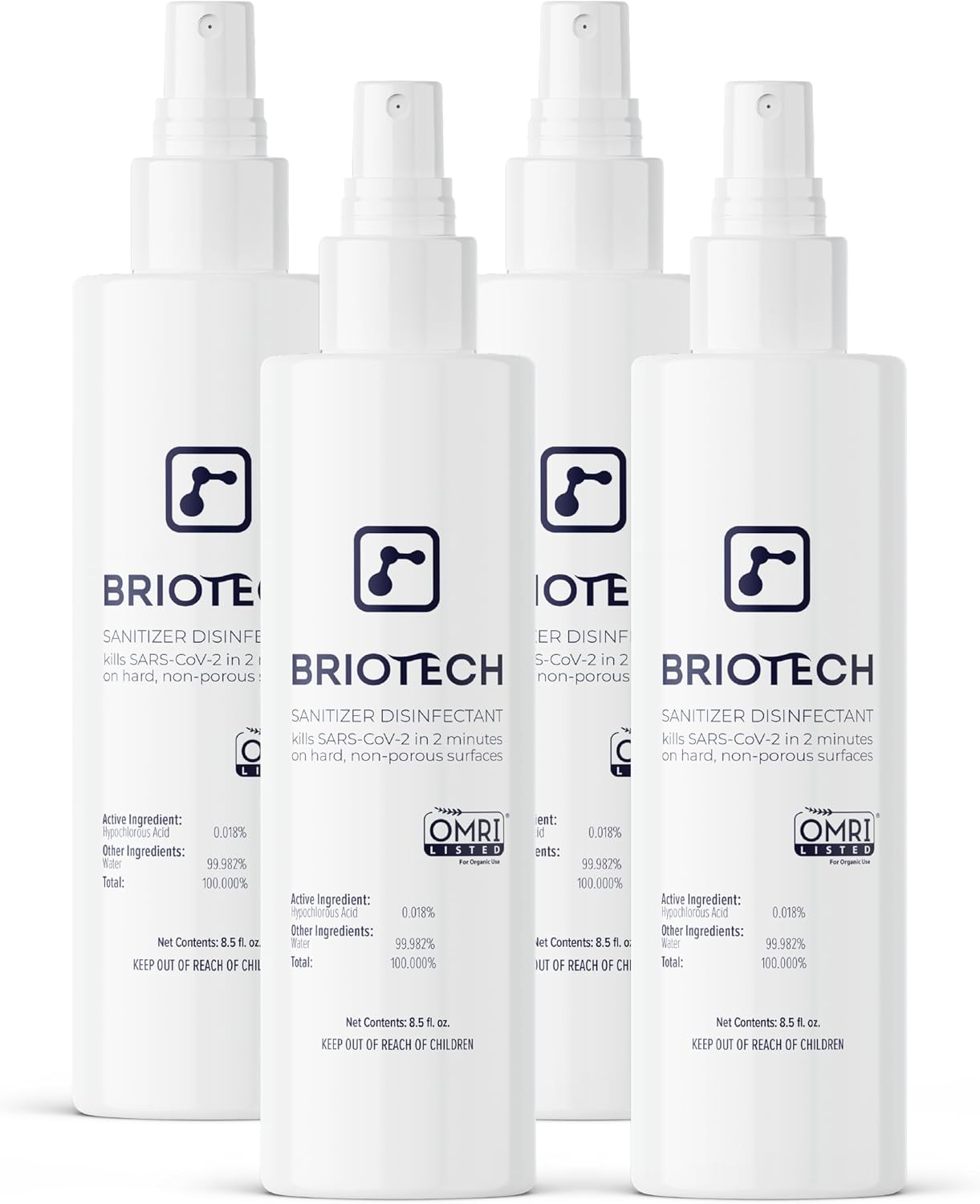 BRIOTECH Sanitizer Disinfectant Hypochlorous Spray, Kill 99.99% of Viruses & Bacteria, Control Mold, Eliminate Odor, Gentle for Nursery & Play Rooms, Food Contact Surface Sanitizer, 8 fl oz (4 Pack)