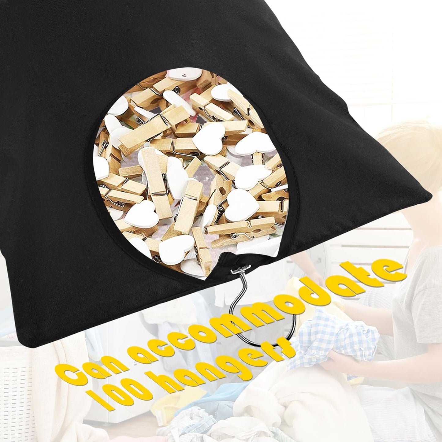 2 Pcs Clothes Pin Hanging Bag With Hook - 15 x 11 Inch Black Laundry Canvas Holder - Waterproof Storage Organizer for Clothespins