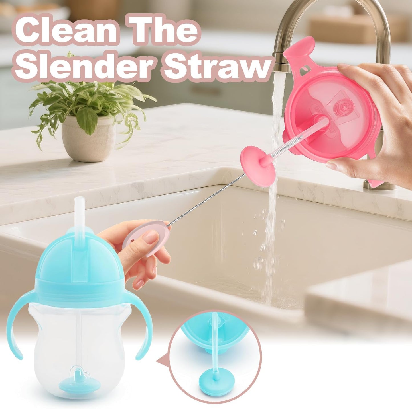 YOTIME Standing Straw Cleaner Brush Set, 4in1 Reusable Straw Brushes with Holder Ring, for Baby Bottles, Sippy Cups and Lids, Pink