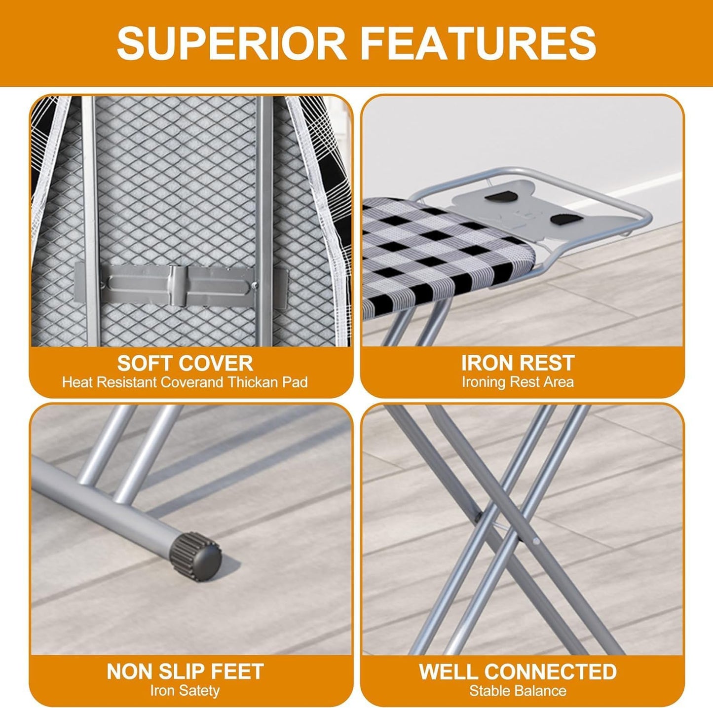 Ironing Board 13" X 43" W/Extra Thick Heavy Duty Padded Cover, Height Adjustable,Heat & Scorch Resistant Fabric, Anti-Skid Feet, Extra Wide, Easy to Fold Checkered Gray