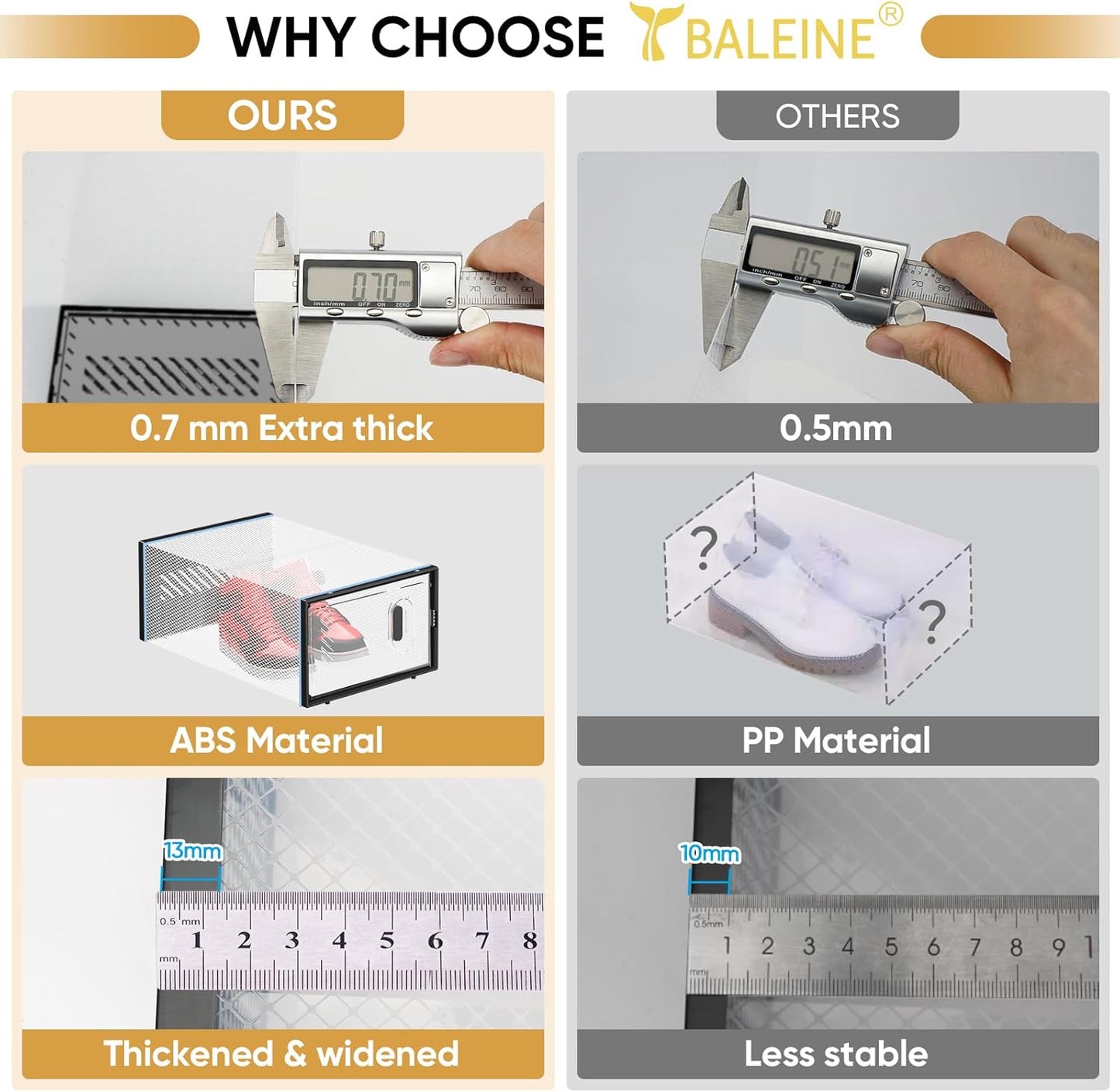 BALEINE 12 Pack Stackable Shoe Storage Boxes Fit Size 11, Thickened Clear Shoe Box Bins with Lids, Plastic Foldable Organizer Sneaker Storage Containers (X-Large, Black)