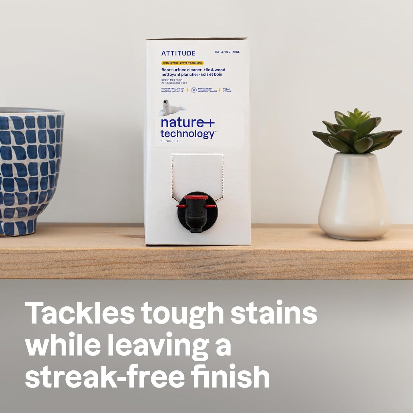 ATTITUDE Floor Cleaner Refill, EWG Verified, Streak-Free, Vegan & Plant-Based for Tile, Wood & Laminate Floors, Citrus Zest Scent, 67.6 Fl Oz