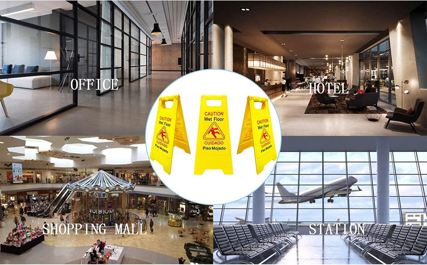 Displayforever 6 Packs Caution Wet Floor Signs for Restaurant, Restroom, Office | 2-Sided Safety Bright Yellow Bilingual Sign | Cuadado Piso Mojado| Avoid Fall & Slip Accident