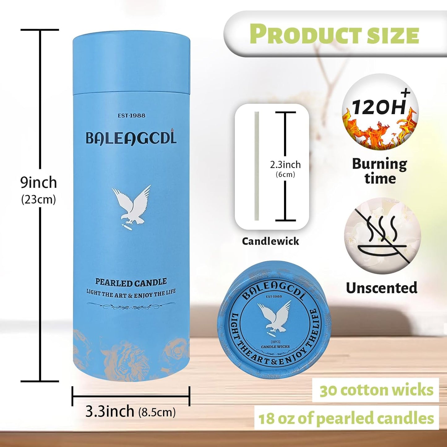 Unscented Light Green Pearled Candle 18oz Luxury Sand Candle Granulated Wax - 30 Cotton Wicks – Wax for Candle Making Decorative Candles Smooth and Clean Burning Lasts up to 120 Hours