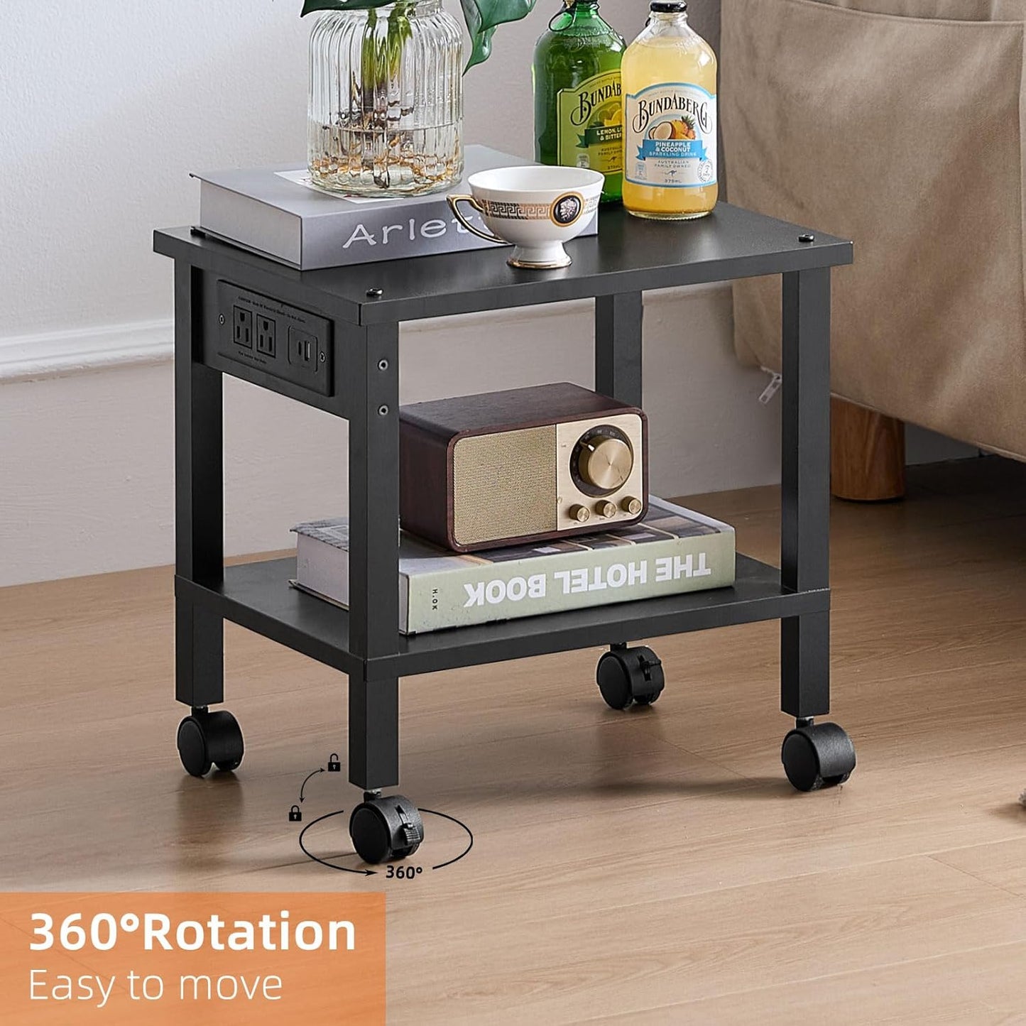 Lerliuo Under Desk Printer Stand with Charging Station, 2 Tier Wooden Small Printer Table with Storage, Rolling Printer Cart Shelf with Lockable Wheels for Home, Office (Black)