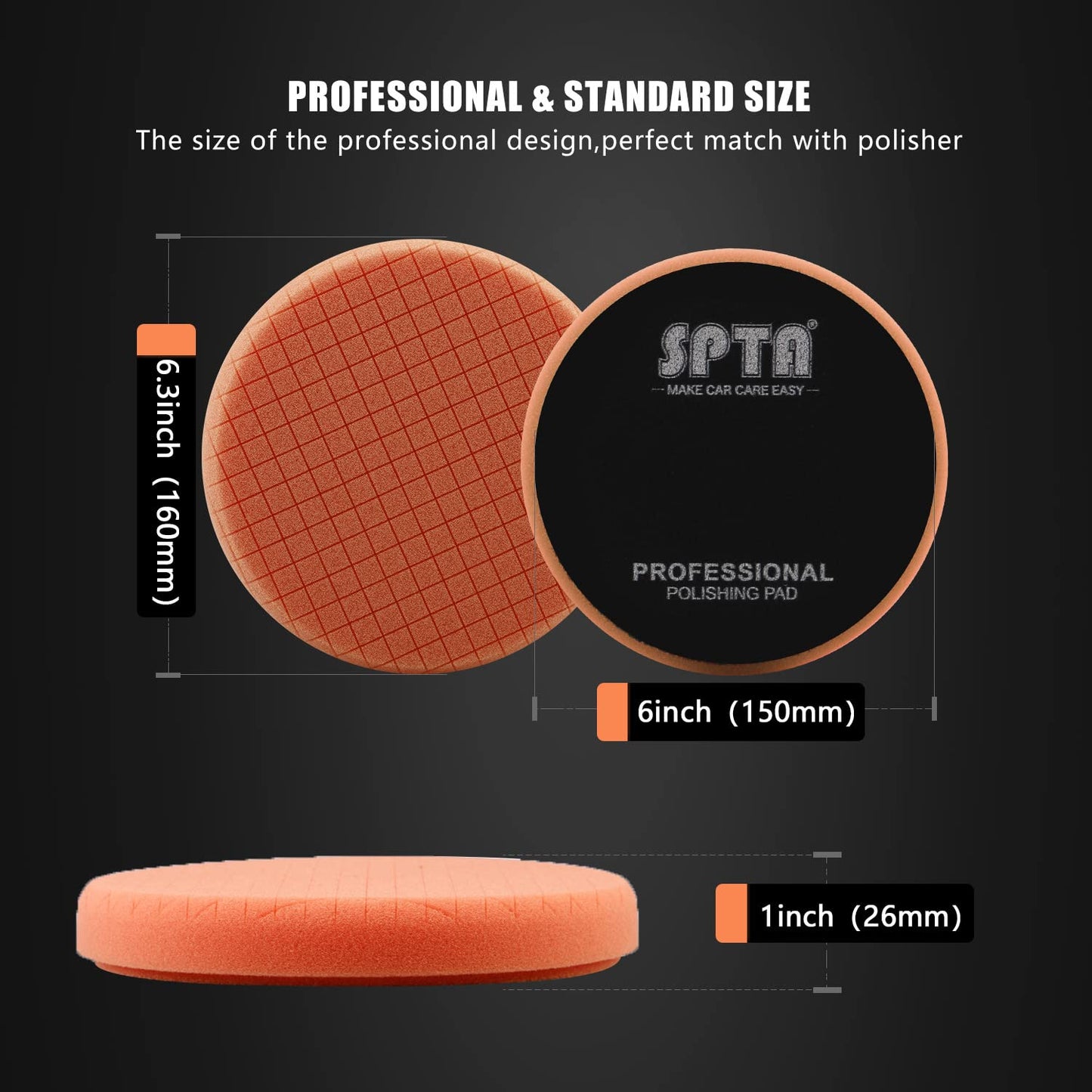Orange Light Cut Pad, Buffing Polishing Pads, SPTA 1Pc 6.5 Inch Face for 6 Inch 150mm Backing Plate Compound Buffing Sponge Pads for Car Buffer Polisher Compounding, Polishing and Waxing -FPTSS6O