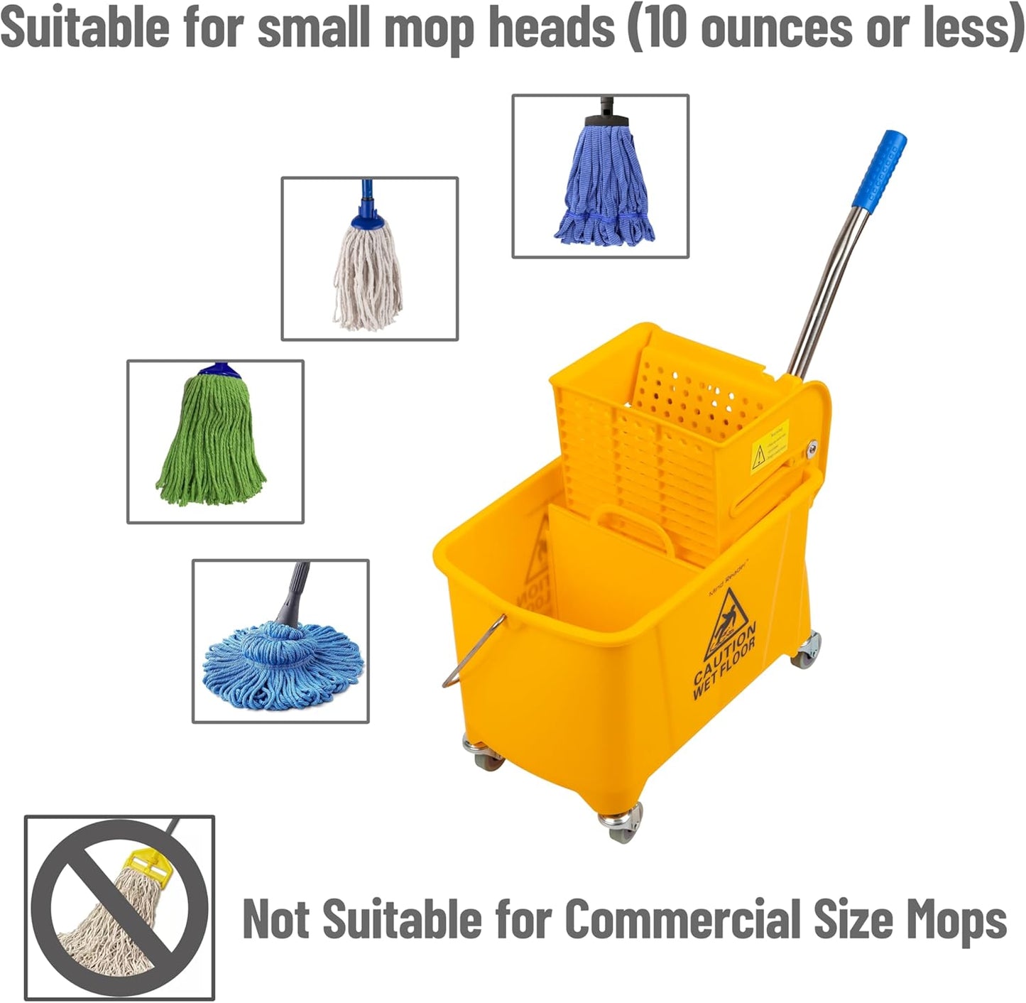Mind Reader Mop Bucket with Wringer, 22 Qt (5.5 Gallon), Floor Cleaning, Handle, Wheels, 16.25"L x 10.75"W x 24.5"H, Yellow