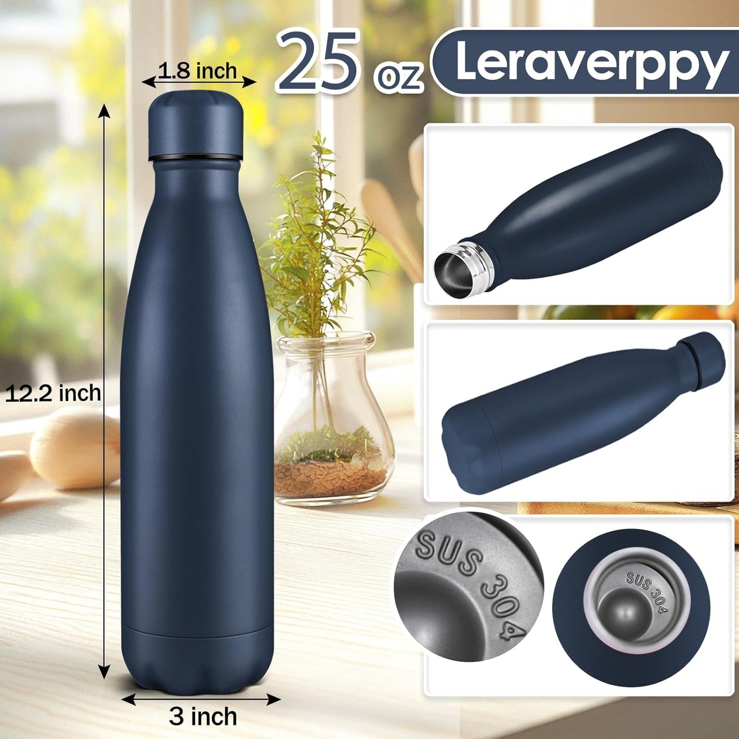 25oz Cola-Bottle Shaped Stainless Steel Leak-proof Water Bottle,Double Wall Vacuum Insulated Metal,Travel Mug For Sports Indoors & Outdoors,BPA-Free School Kids Flasks,Navy(4 Pack)