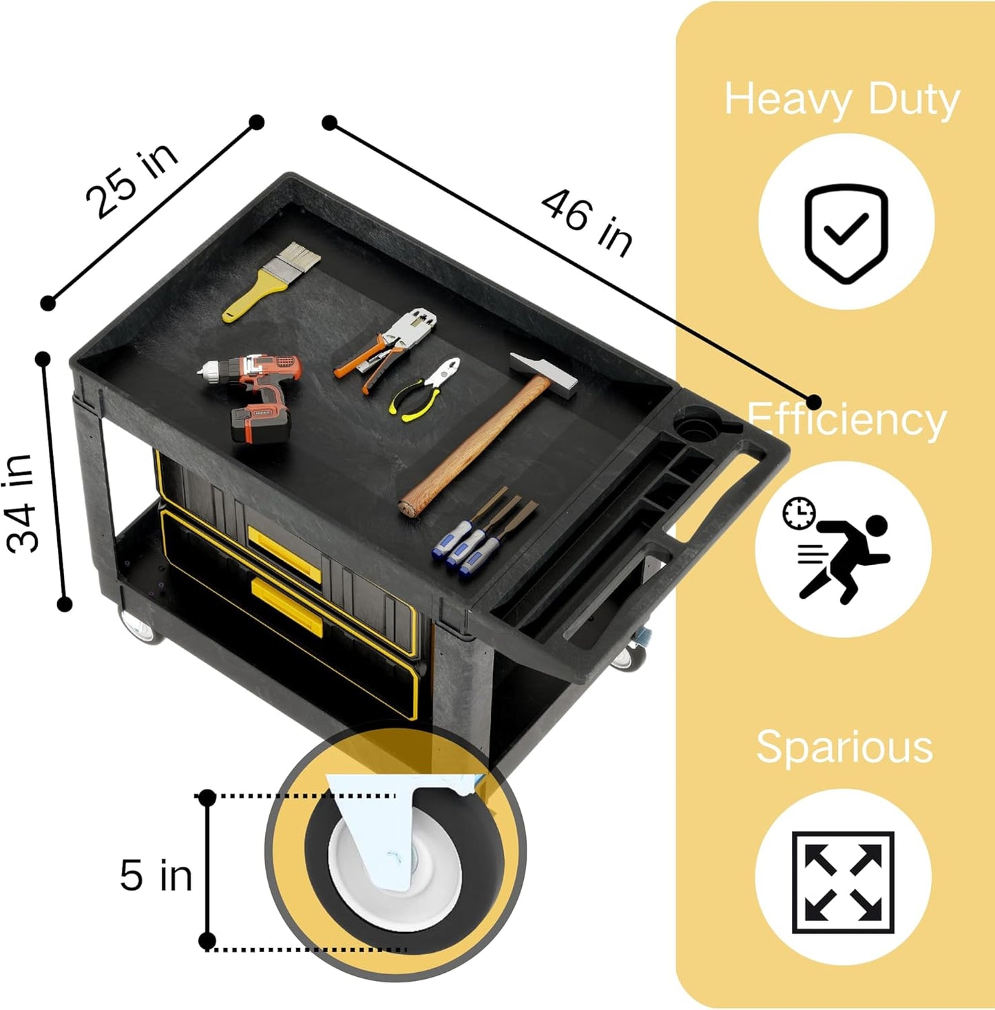 DWVO Utility Service Cart on Wheels, 45 X 25 in 550 LBS Heavy Duty Rolling Cart Plastic Work Cart for Warehouse Garage School & Office Cleaning