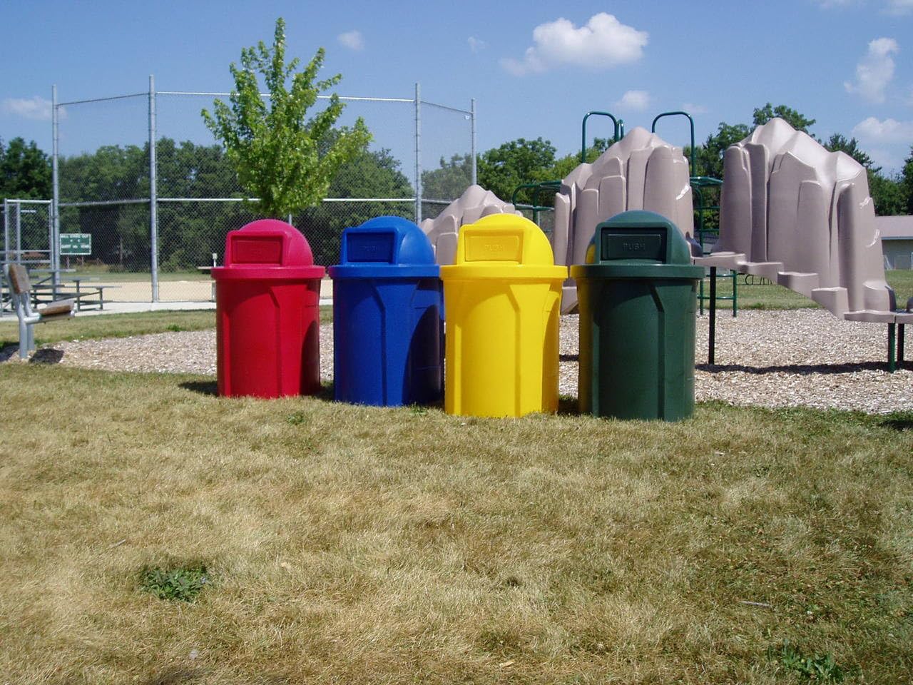 42 Gallon Round 100% Recycled Plastic Heavy-Duty Commercial Outdoor or Outdoor Trash Can with Push Lid and Internal Liner | Great for Schools and Businesses - Dark Granite