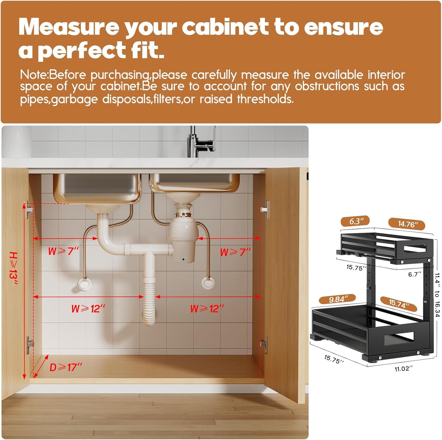 2-Pack Under Sink Organizers and Storage,2-Tier L Shape Pull Out Cabinet Organizer With Round Tube Slide Rails,Hight Adjustable Slide Out Drawers for Kitchen&Bathroom,Multi-Purpose Storage Shelf-Black