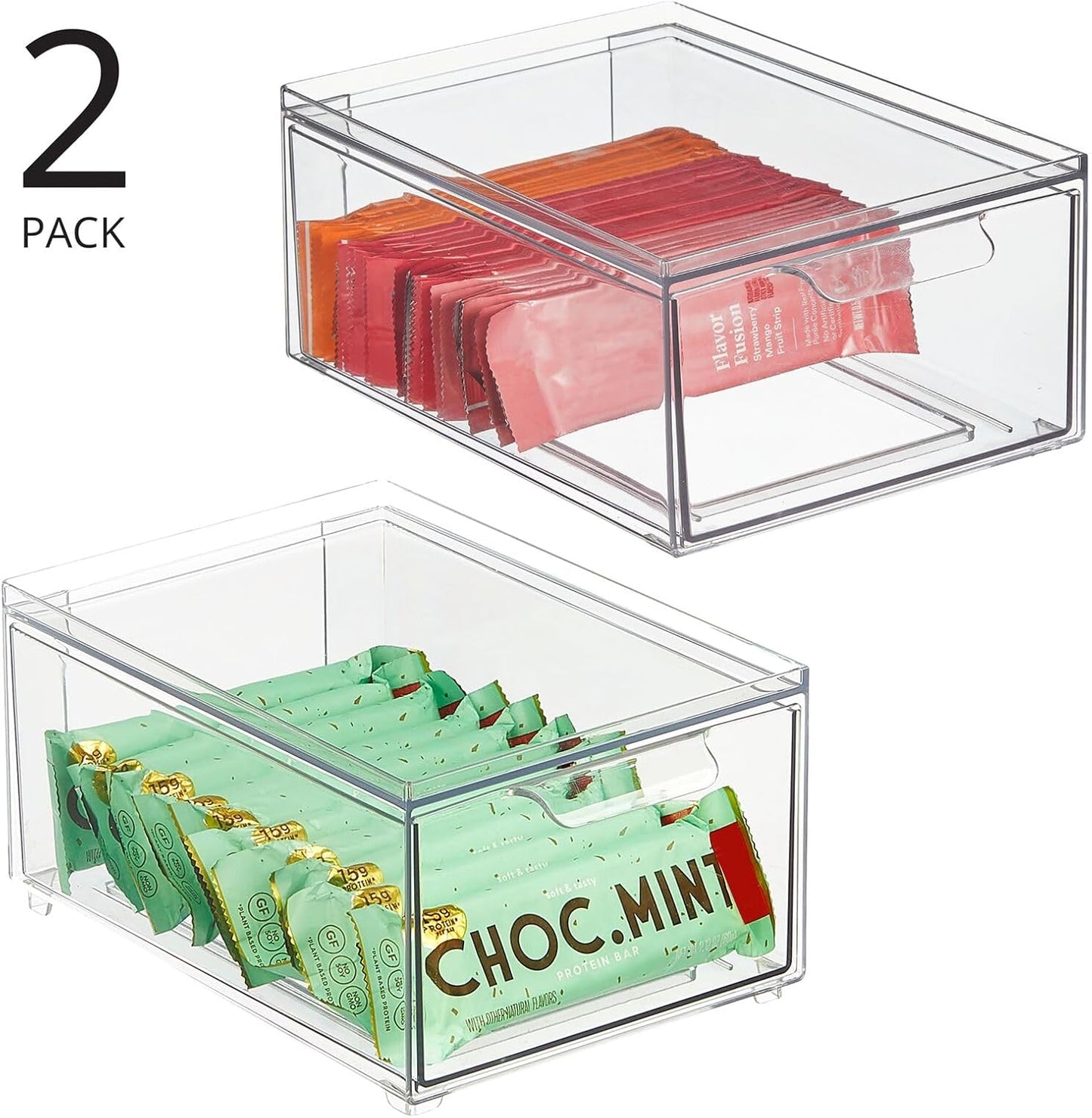 mDesign Stackable Storage Containers Box with Pull-Out Drawer - Stacking Plastic Drawers Bins for Kitchen Pantry and Cupboard, Cabinet, Counter, Island and Tables - Lumiere Collection - 2 Pack - Clear