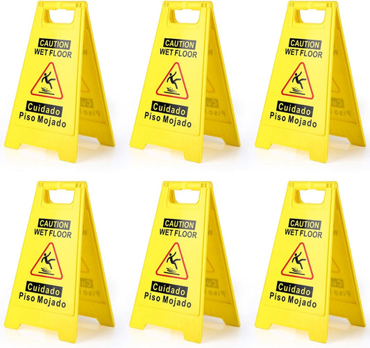 6-Pack Caution Wet Floor Sign,17.5" Height,Bright Yellow Double-Sided Folding A-Shaped Frame Design, Bilingual Caution Message