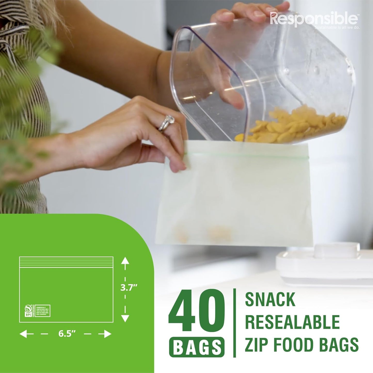 Responsible Products Certified Compostable SNACK Resealable Zip Bag, Extra Strength Food Bags, Plant-Based Freezer-Safe (40 Pack)