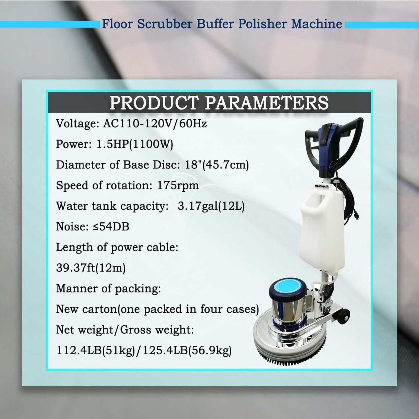 18" Commercial Floor Scrubber & Polisher Heavy Duty Multi-Surface Buffer Cleaner for Wood, Tile, Epoxy, Carpet - 175 RPM, 12L Tank, Low Noise, Industrial & Home Use 110V