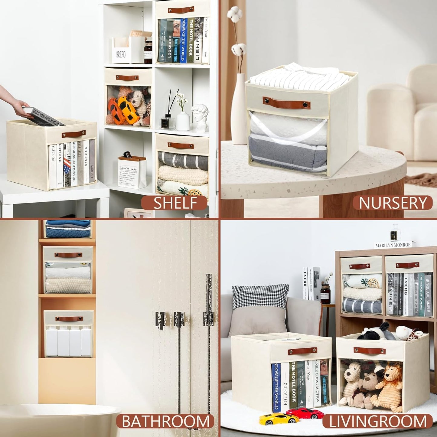 HNZIGE Fabirc Storage Cubes Bin 13x15x13 Clear Storage Cube, 4 Pack Foldable Cloth Cubby Storage Bins for Cube Organizer Closet Cabinet, Large Fabric Storage Bins for Shelves Organizer Bins- Cream