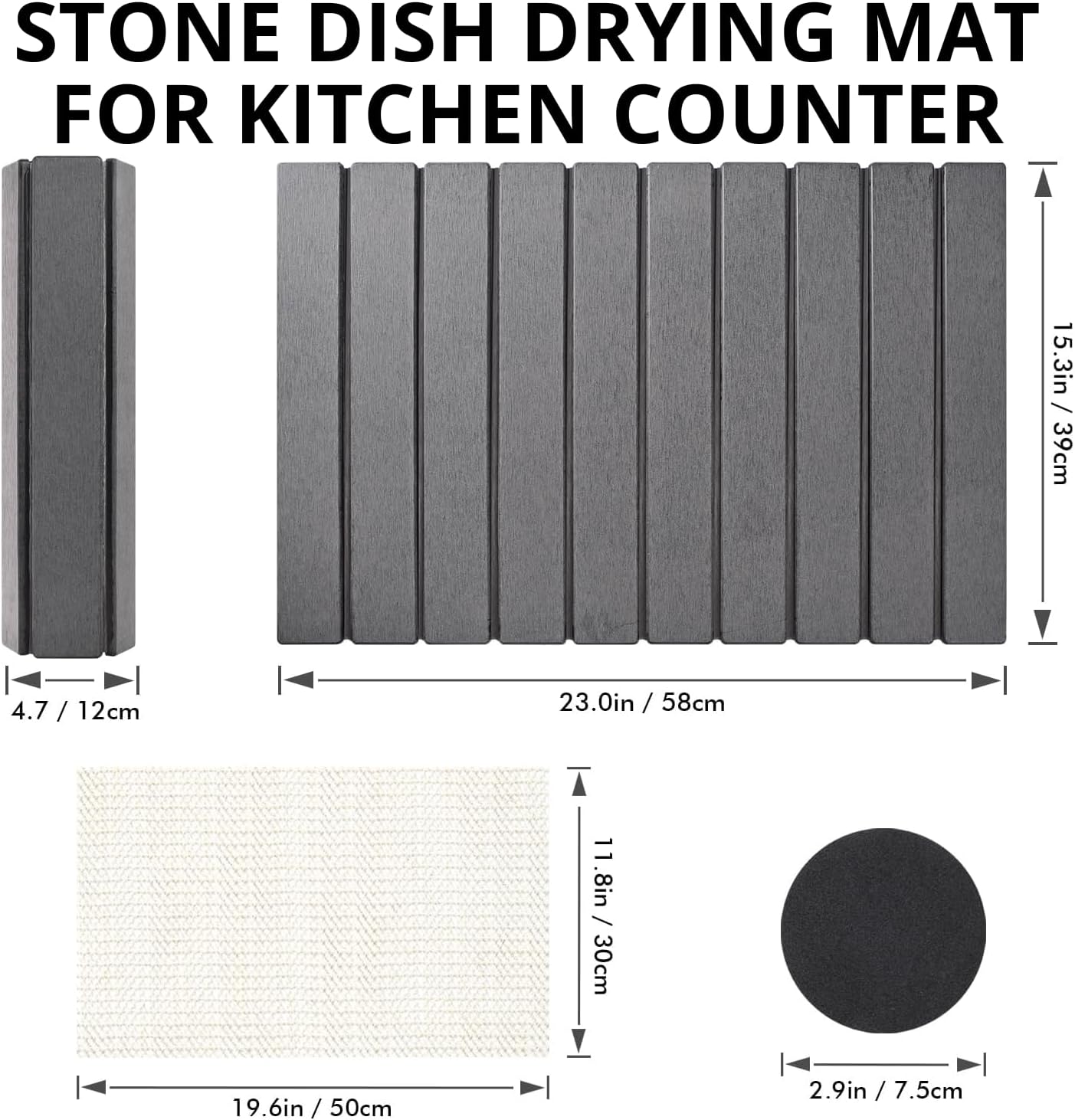 Large Stone Dish Drying Mats for Kitchen Counter, Foldable Quick Drying Mats, Eco-Friendly, diatomaceous earth bath mat, tapete de piedra absorbente para cocina 24" L x 16" W Inches (DARK GREY, LARGE)