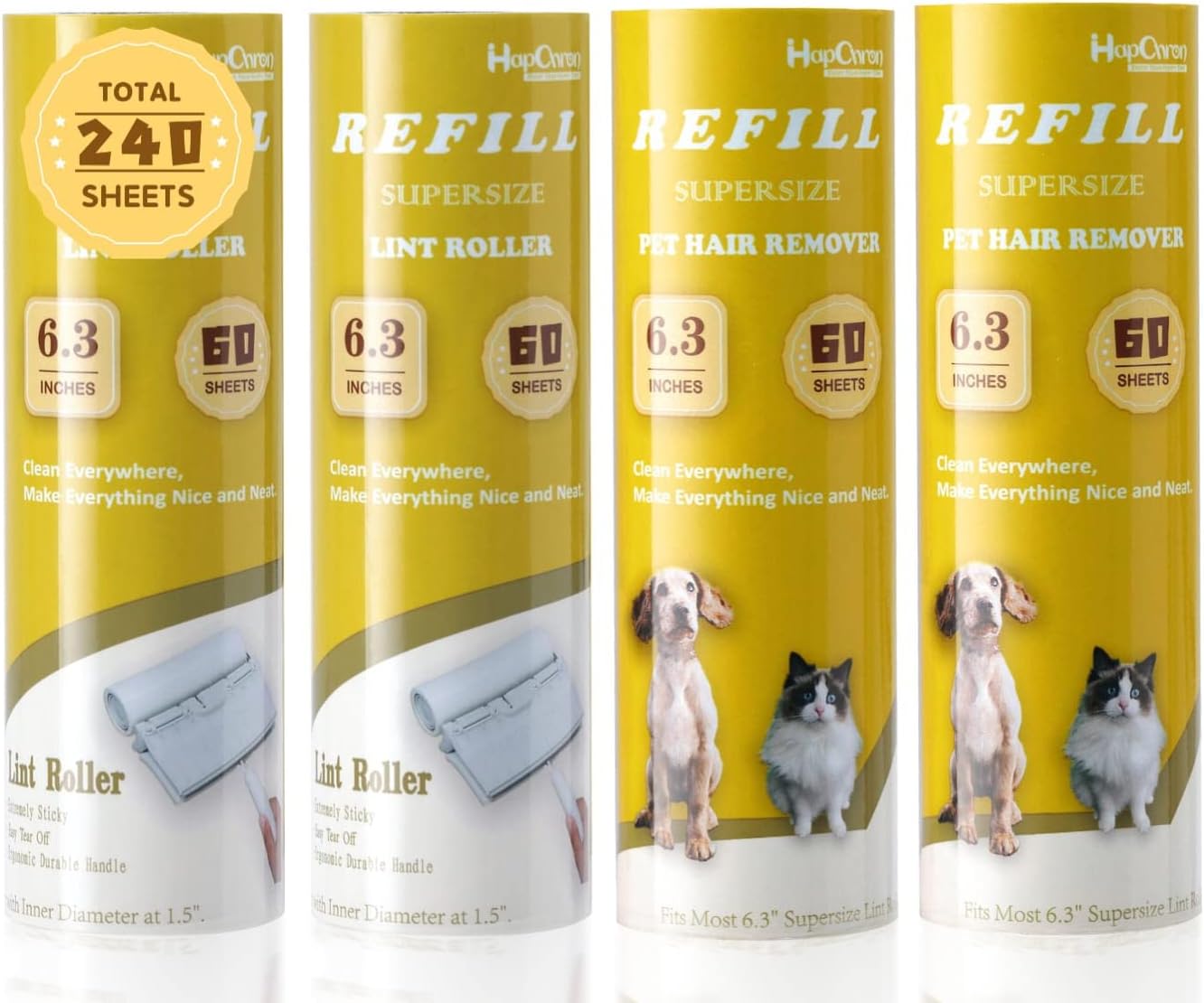 Large Surface Lint Roller Extra Sticky Refills, Total 240 Easy Tear Sheets, Insert Tube Measures 1.5" and Fits Most Supersize 6.3'' Wider Lint Roller, Works Great On Pet Hair(Pack of 4)