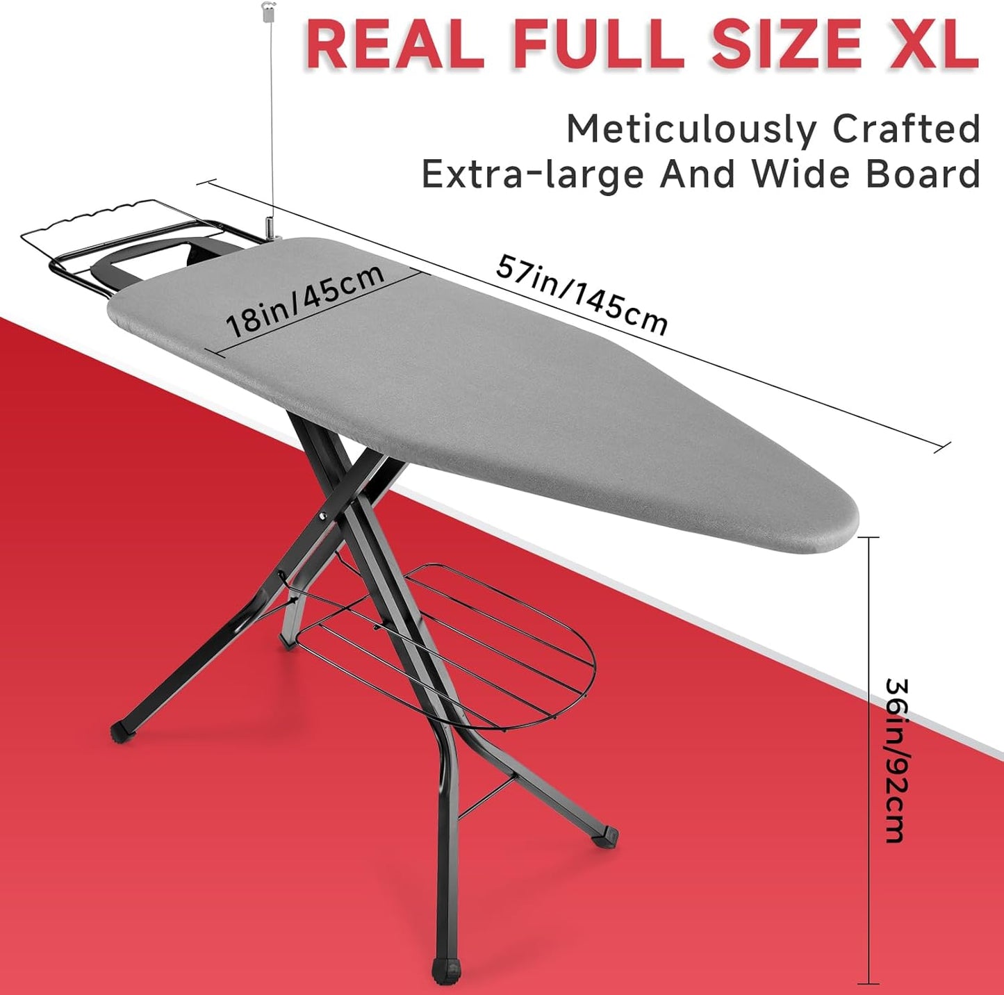 Extra Wide Full Size Ironing Board 57" L X18 W, Multifunctional Sturdy Ironing Board with Iron Rest, Foldable Adjustable Iron Board with Heat Resistant Cover, Enhanced Stability, Black Grey.