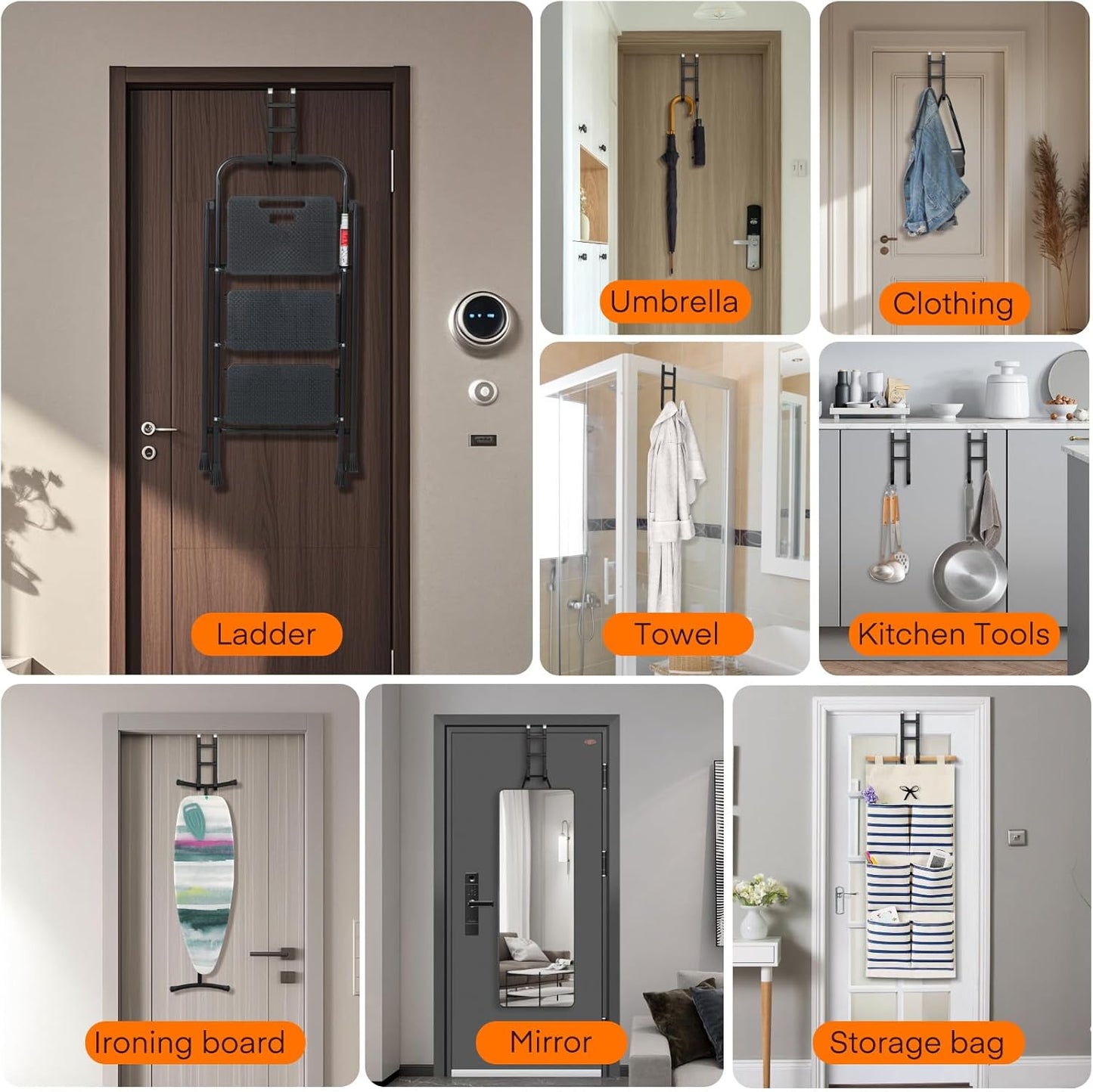 FYY Over The Door Hooks - 4 Pack Heavy Duty Dual-Hook Organizer Hanger with Non-Slip Rubber for Towels, Clothes, Hats & Bags Use in Bathroom, Bedroom, Kitchen - Fits Interior Doors Up to 1.6" Black