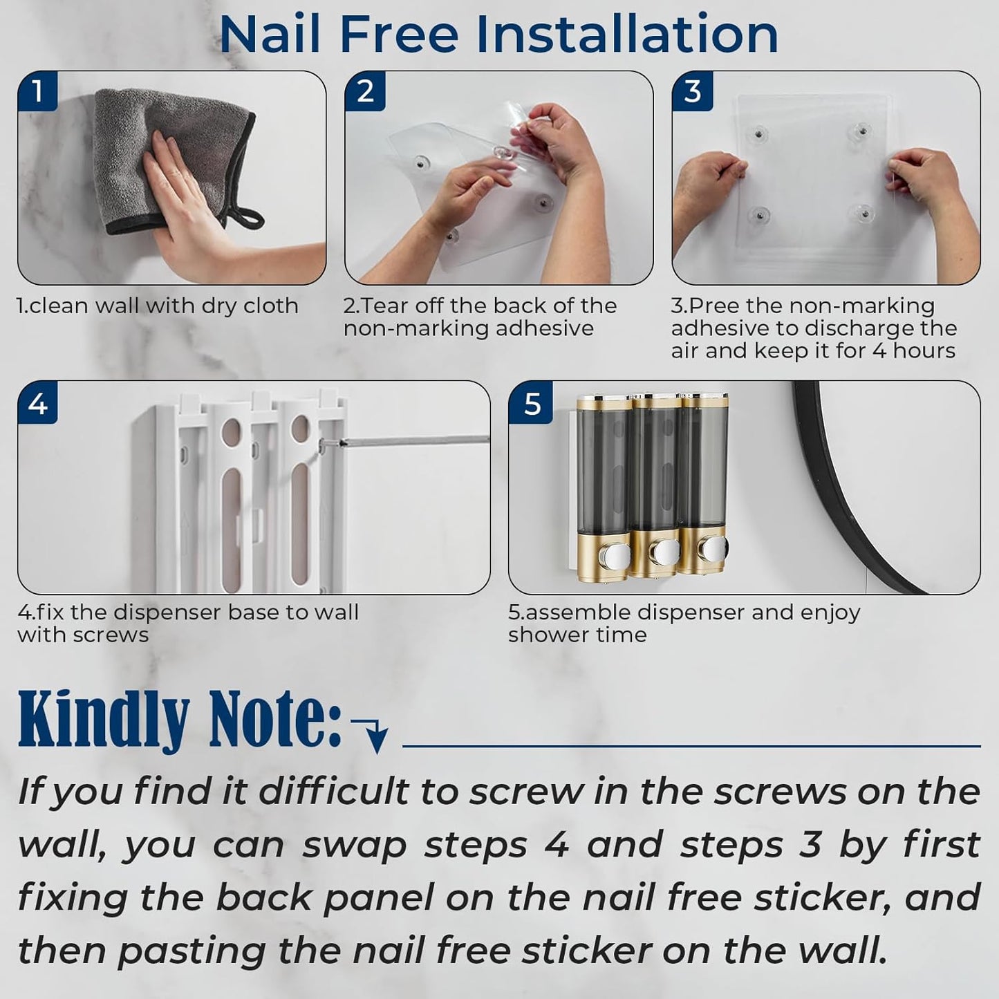 pollock Shampoo Conditioner Dispenser Shower Soap Dispenser 3 Chamber No Drill Shampoo Dispenser for Shower Wall Mounted Shampoo Conditioner Body Wash Dispenser for Bathroom Hotel Gold