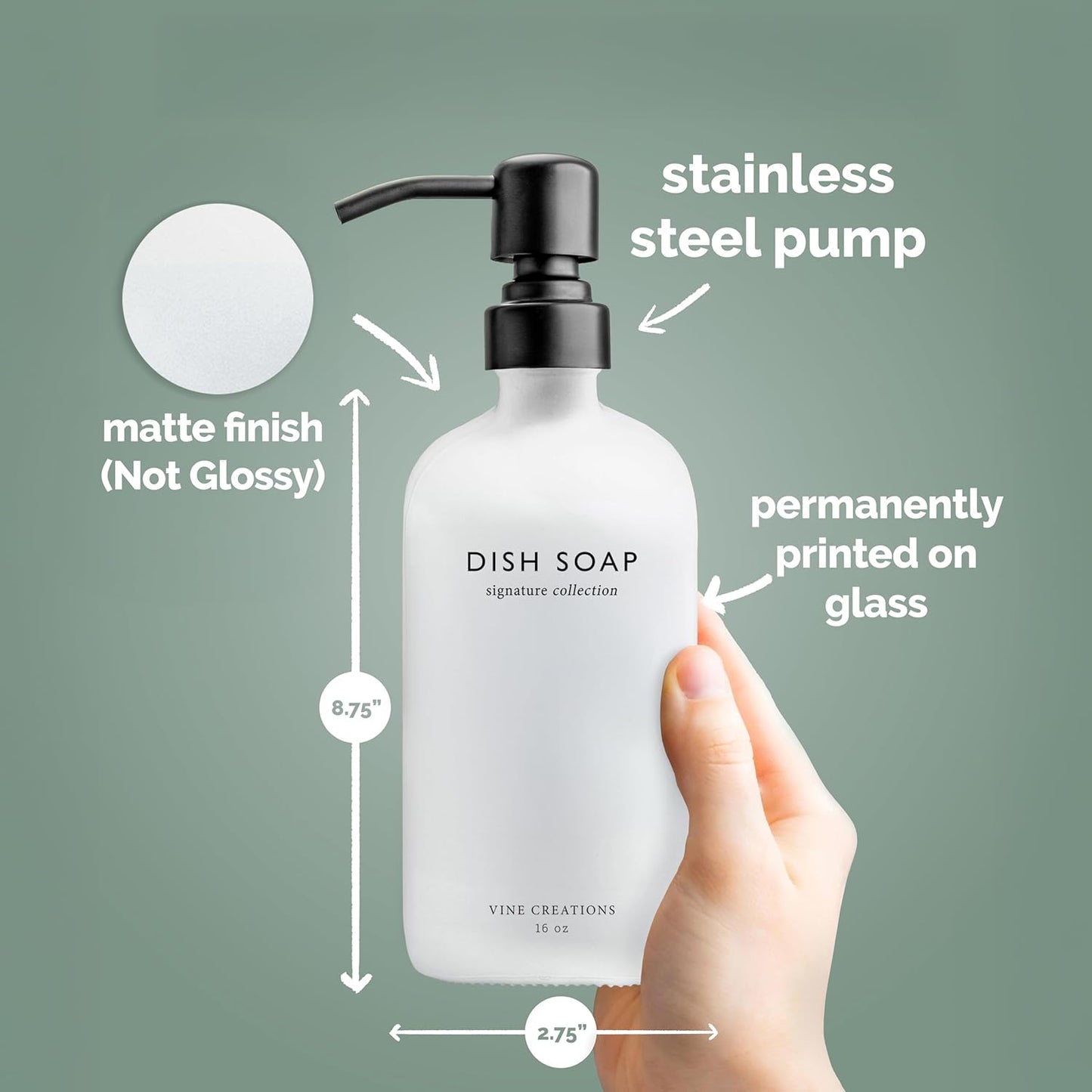 Vine Creations White Glass Soap Dispenser Set, Dish Soap and Hand Soap Dispenser Set with Stainless Steel Pump, 16 oz Glass Dispensers for Kitchen or Bathroom Decor (Matte White Bottle/Matte Black)