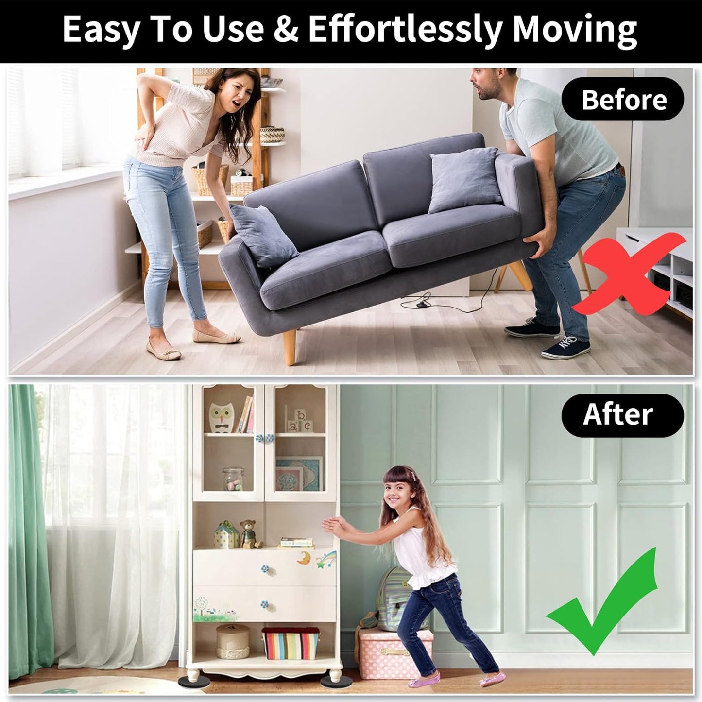 Ezprotekt 5" Round Felt Furniture Movers Sliders for Hardwood Floors, 8 Pcs Reusable Felt Furniture Moving Pads for Heavy Duty Bed Sofa Fridge Couch, Move Item Easily and Quickly (Black)