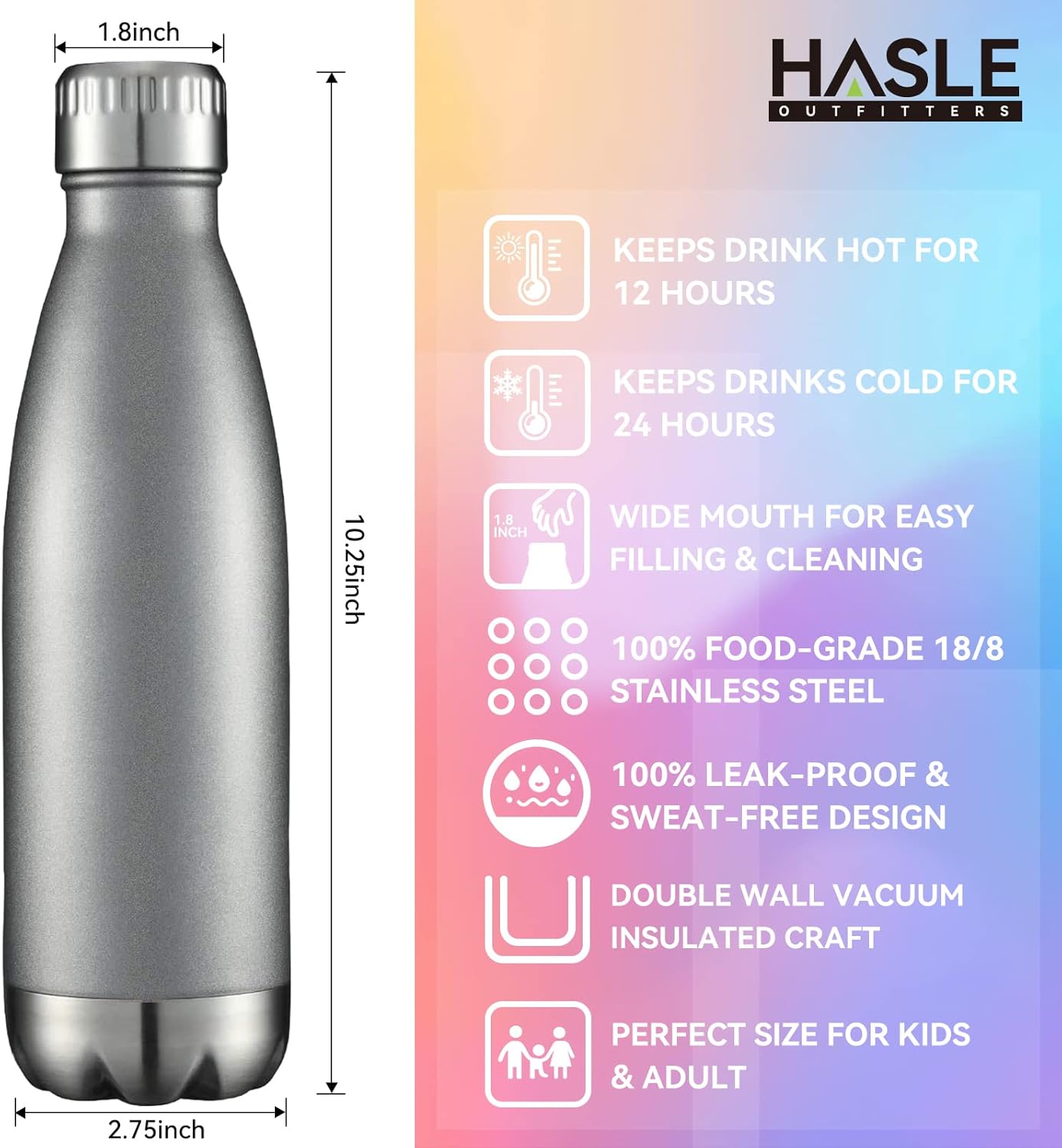 HASLE OUTFITTERS 17oz Stainless Steel Water Bottles Bulk, Vacuum Insulated Water Bottles Double Walled Reusable Metal Sports Water Bottles Keep Drinks Hot and Cold, Gray, 4Packs