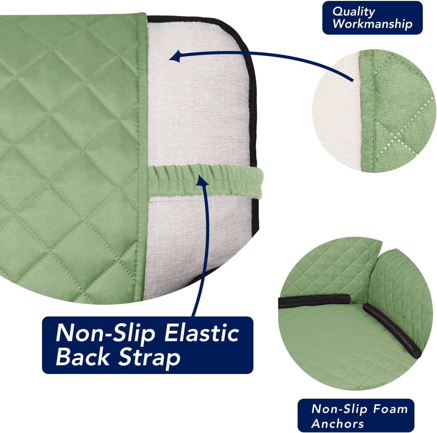 PureFit Reversible Quilted Sofa Cover, Water Resistant Slipcover Furniture Protector, Washable Couch Cover with Non Slip and Elastic Straps for Kids, Dogs, Pets (4 Seater Sofa, Sage Green/Ivory)