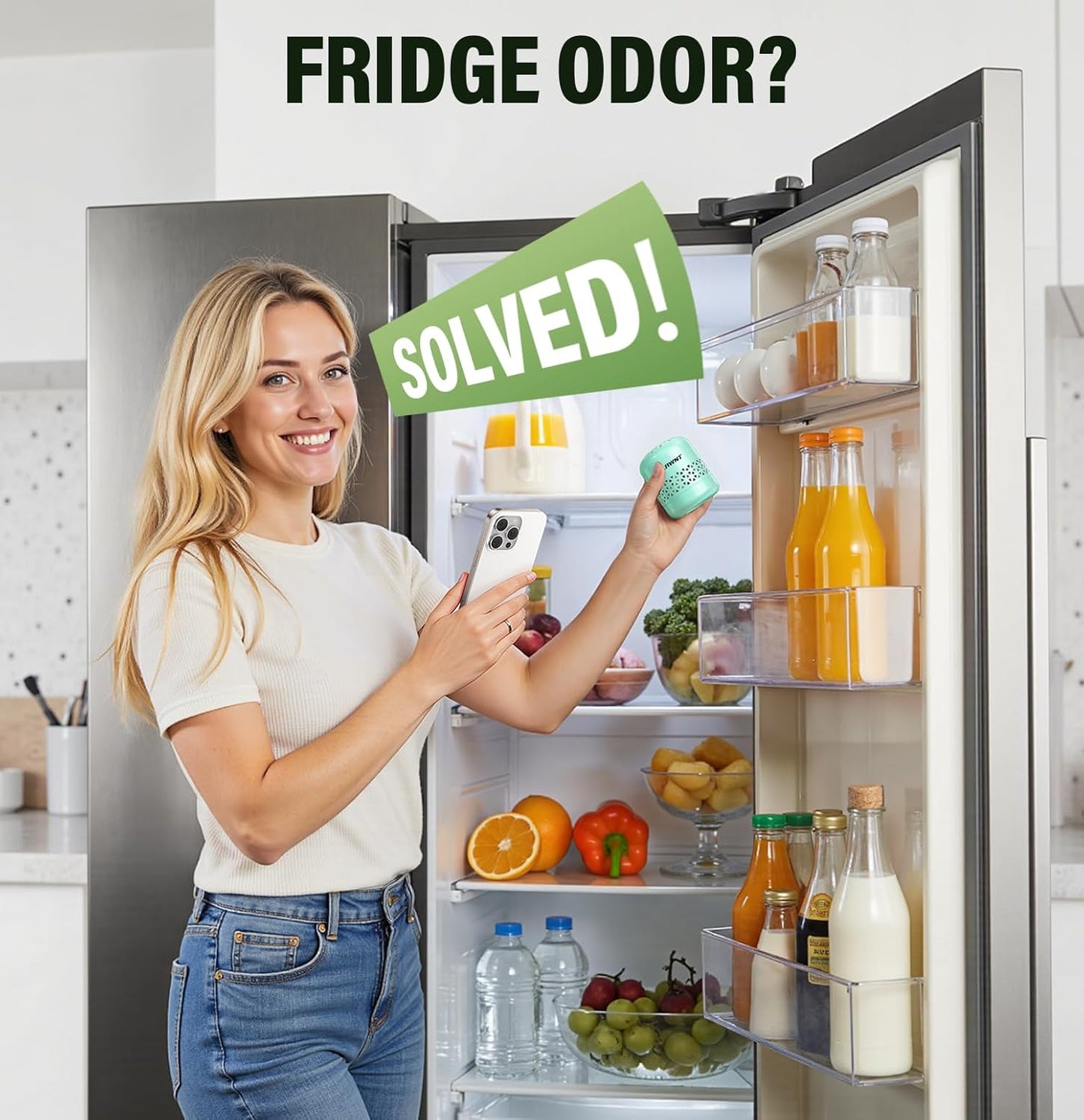 Fridge Deodorizer, 10-Year Odor Eliminator for Refrigerator, No Refills or Fragrance, More Effective Than Charcoal Air Purifiers-Green