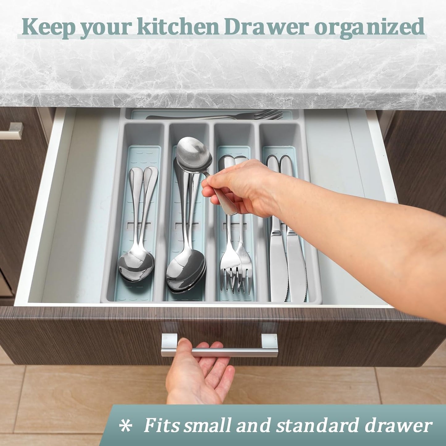 Silverware Organizer with Cutlery Icons，Silverware Tray for Kitchen Drawer，Flatware Tableware Cultery Drawer Organizer Utensil Organizer with Non-slip TPR Linings，Kitchen Organization Essentials