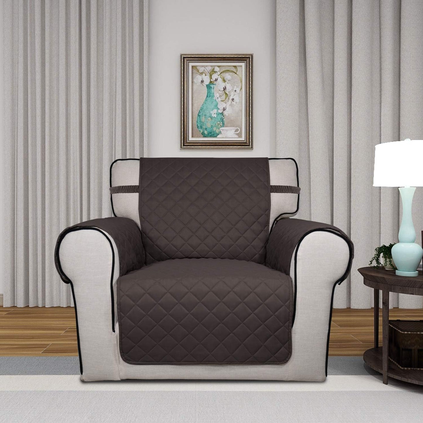 PureFit Reversible Quilted Sofa Cover, Water Resistant Slipcover Furniture Protector, Washable Couch Cover with Non Slip and Elastic Straps for Kids, Pets (Chair, Chocolate/Chocolate)