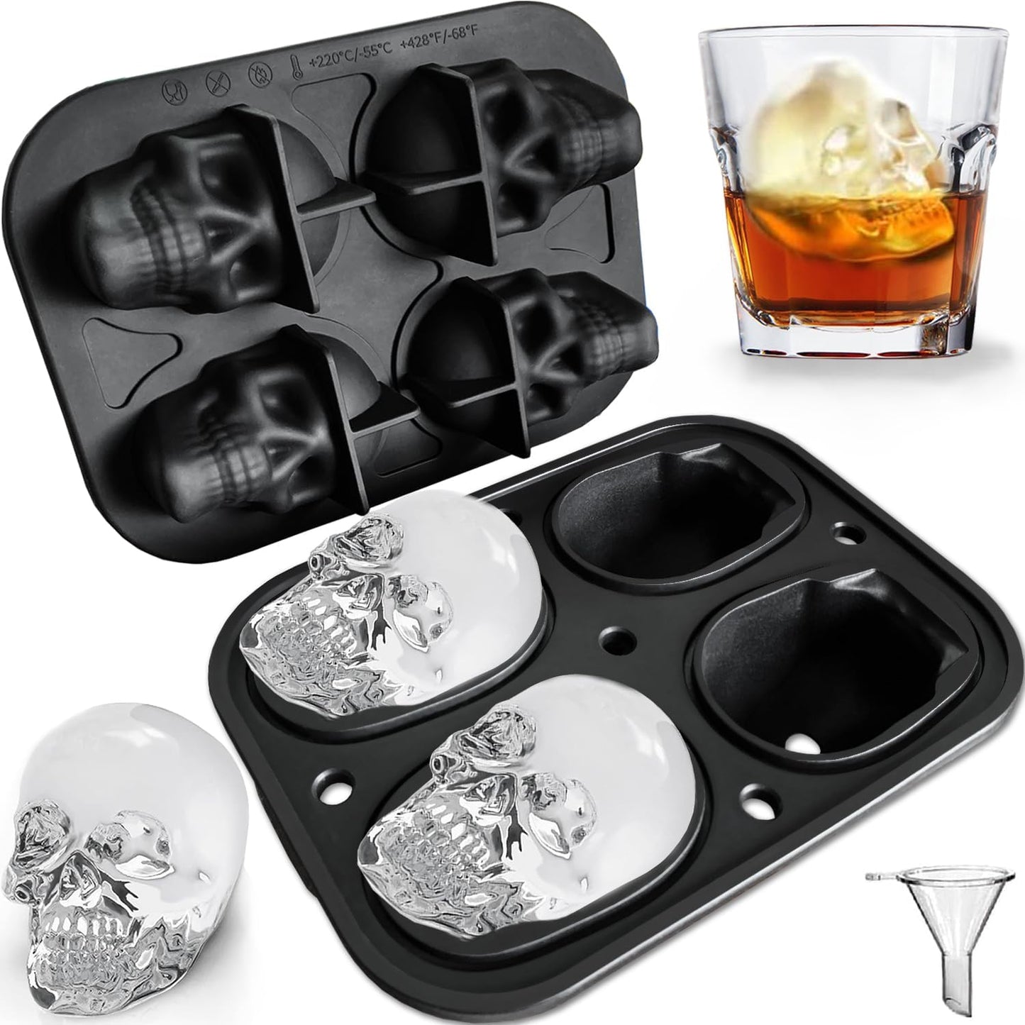 JETKONG Large Skull Ice Mold - 4 Cavity Silicone Skull Ice Maker - Ice Cube Tray for Whiskey, Bourbon, Cocktails and Juice
