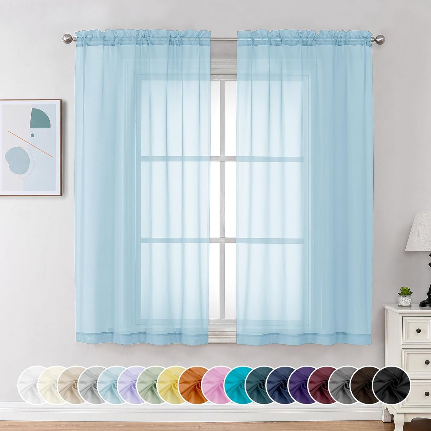 Chyhomenyc Sky Blue Sheer Curtains 54 Inch Long 2 Panels, Light Filtering Rod Pocket Voile Short Curtains Drapes for Living Room Bedroom Small Windows, 42Wx45L Inches