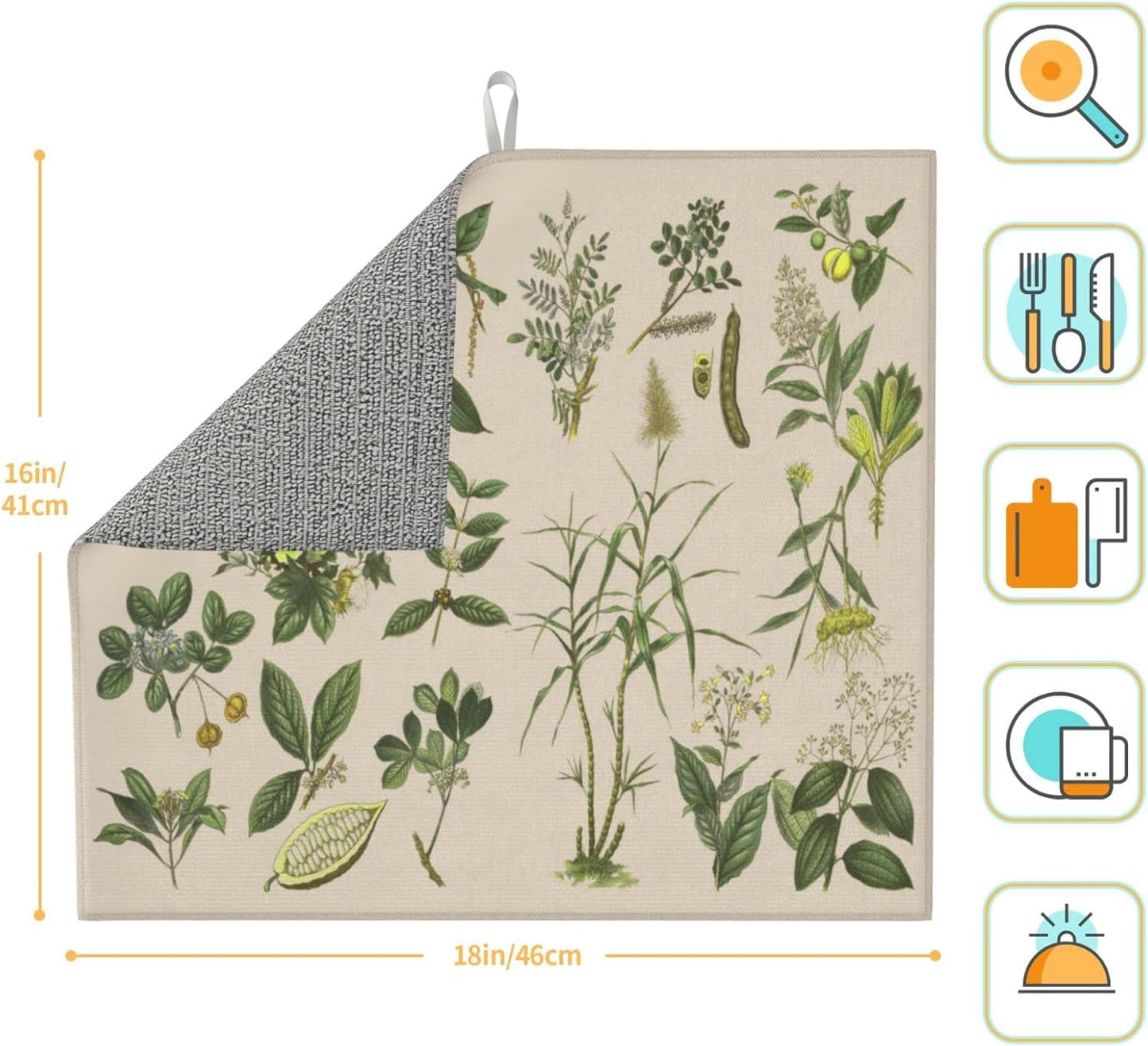 Vintage Plants Herbs Floral Color Microfiber Dish Drying Mat For Kitchen Countertop Absorbent Reversible Drainer Rack Pad 18 X 16 Inch