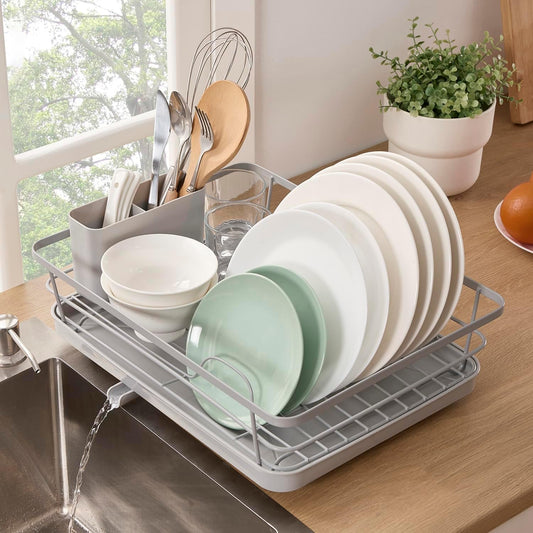 Dish Drying Rack 3 Piece Dish Drainer with Drainboard Set for Kitchen Counter – Dish Rack with Removable Utensil Holder & Swivel Spout for Countertop – DishRack for Plates, Cups & More, Silver