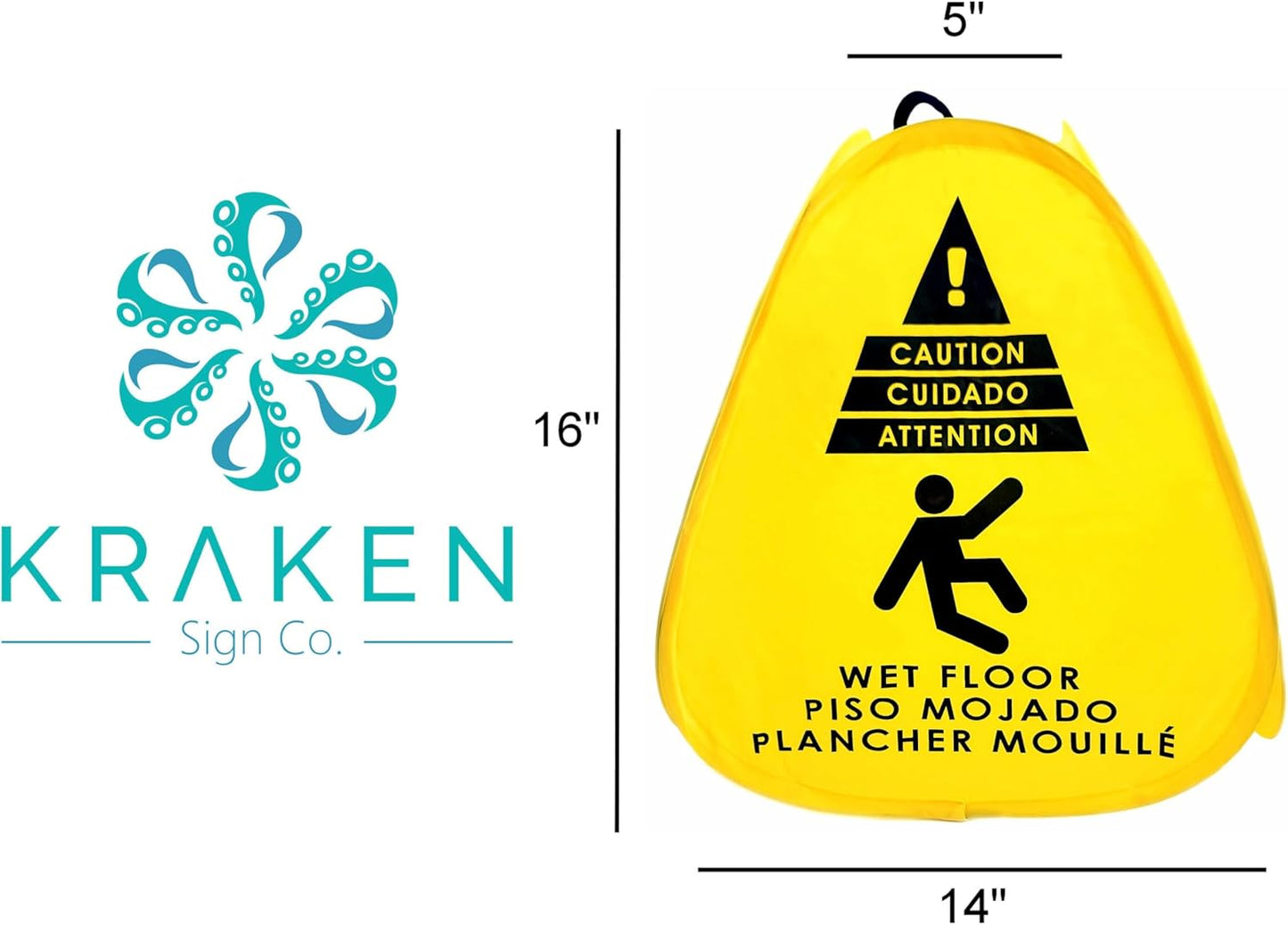 Kraken Sign Co - Pop-up Sign, Yellow 4-Sided Bilingual Trilingual English/Spanish/French Warning, Pop-up Caution Wet Floor Sign 16 inch for Restaurant, Commercial and Industrial Safety. Foldable, Portable, Durable (Yellow, 2 Pack)