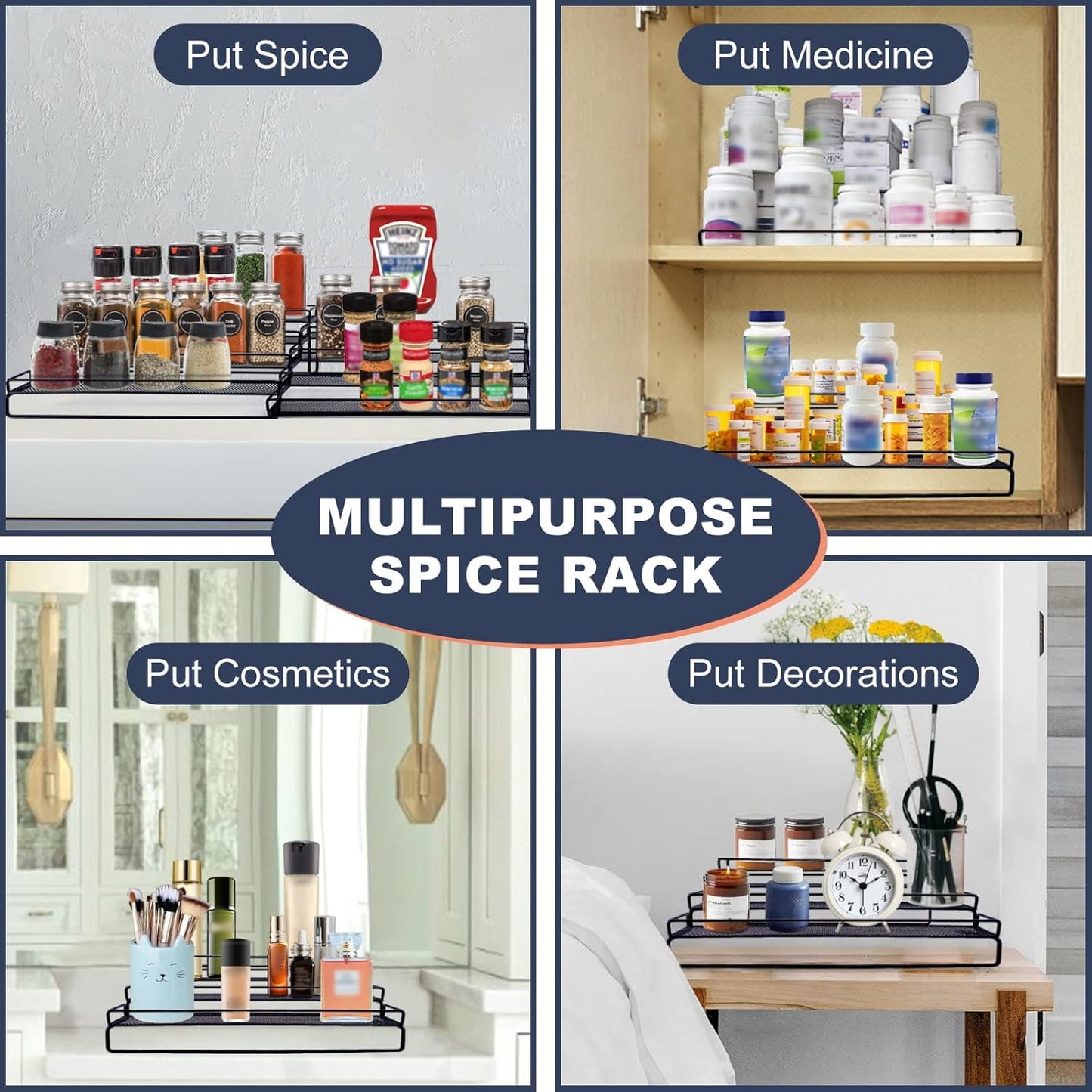 Spice Rack Organizer for Cabinet, 4 Tier Seasoning Organizer, Expandable Shelf,Step Storage Holder, Kitchen Cabinet Countertop,with Protection Railing, Metal (Black,4 Tier,2Pack)