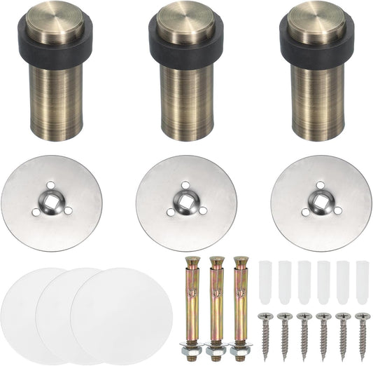 PATIKIL 3Set Round Door Stoppers, 80mm Stainless Steel Door Stop Doorstop Wedge Metal Cylinder Self Adhesive with Screw for Bottom of Door Floor Inside, Bronze
