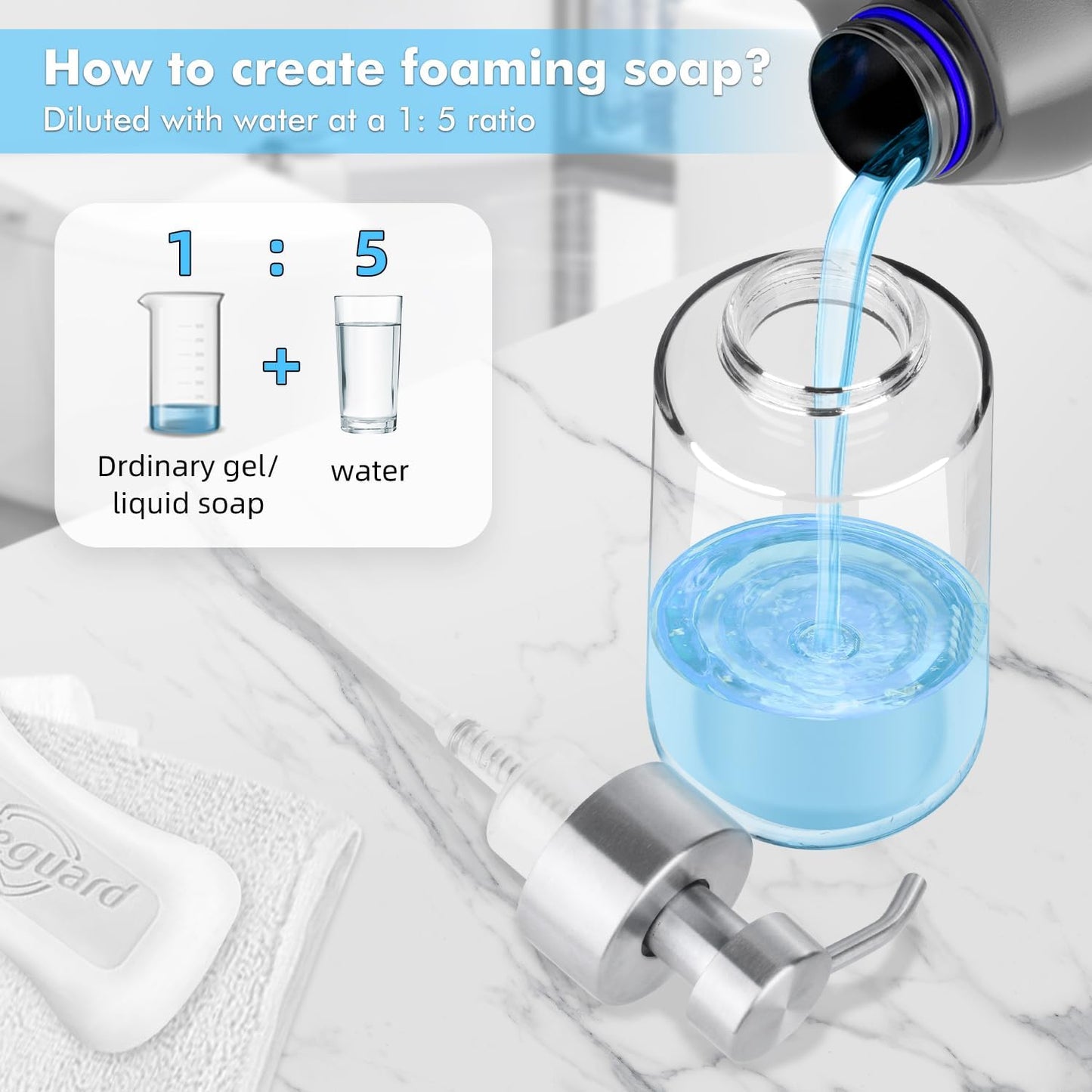 2 Pack Glass Foaming Soap Dispenser With Waterproof Labels, Hand and Dish Set, Rust Proof Stainless Steel Pump, 15 Oz Clear Bottle for Kitchen & Bathroom